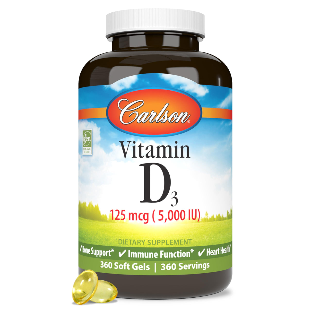 Carlson - Vitamin D3 5000 IU (125 mcg), Bone Health, Muscle Health, Cholecalciferol, Vitamin D Supplements, Vitamin D3 Soft Gels, 360 Softgels