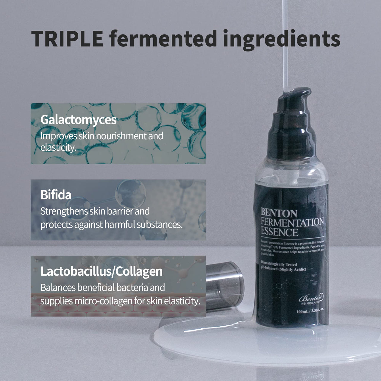 Benton Fermentation Essence Skin Care 3.38 fl.oz. - Galactomyces & Bifida & Lactobacillus/Collagen, Tone Balancing, Skin Smoothing, Elasticity, Korean Clean Beauty Skin Care