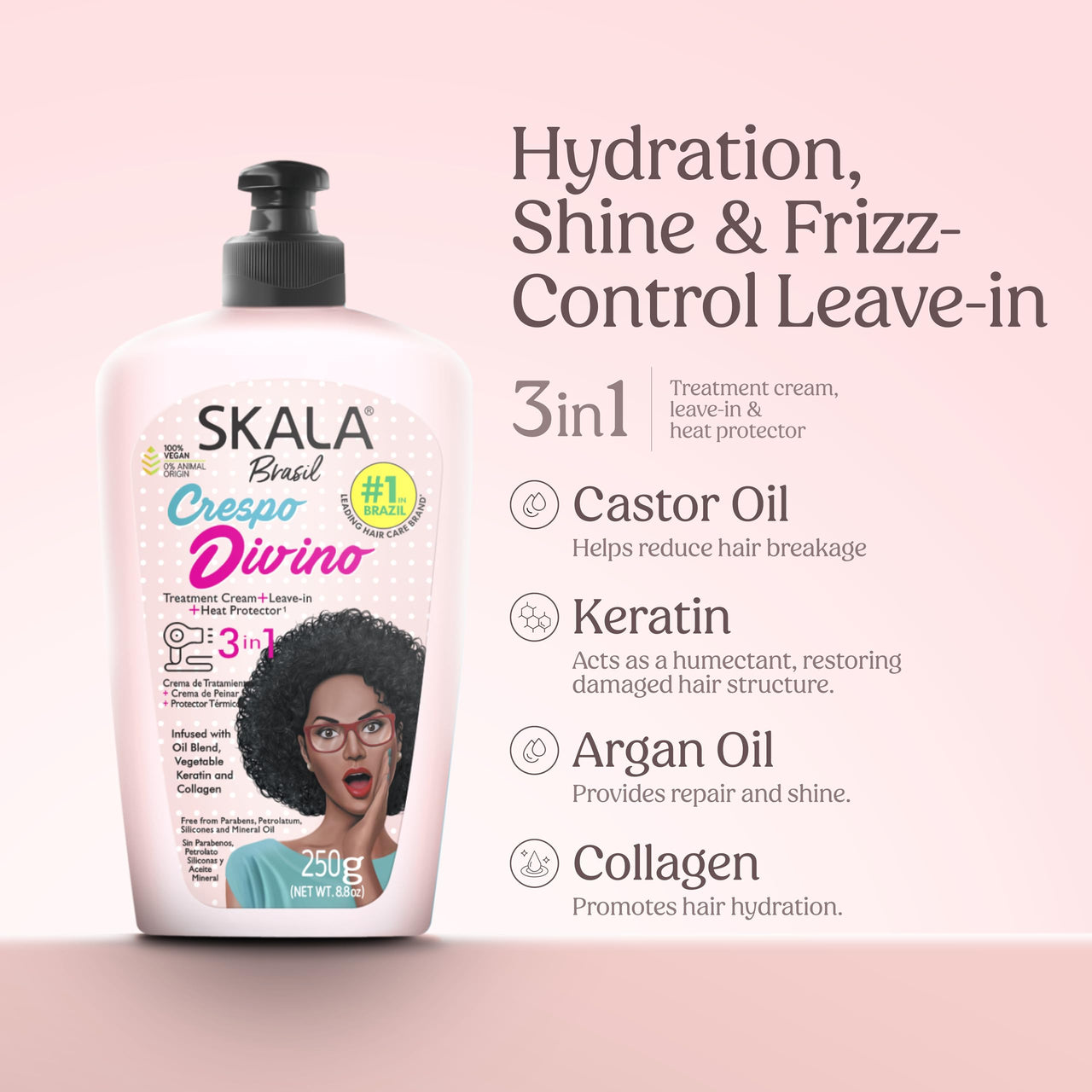 SKALA Crespo Divino 3 in 1 Leave In Conditioner for Curly & Transitioning Hair, Vegan Leave In Hair Cream for Hydration Care, Curl Definition & Heat Protection, No Parabens or Silicones, 250 g