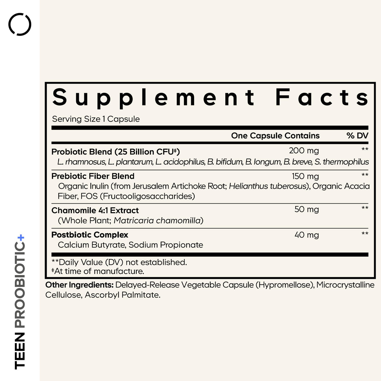 Codeage Teen Probiotic+ Supplement - 25 Billion CFU Probiotic Blend with Prebiotics, Postbiotics & Chamomile - Gut & Digestion Support for Teens and Teenagers 12 & Up - Non-GMO- 30 Capsules