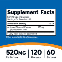 Thumbnail for Nutricost Activated Charcoal 520mg, 120 Capsules - Premium Powder, Non-GMO & Gluten Free