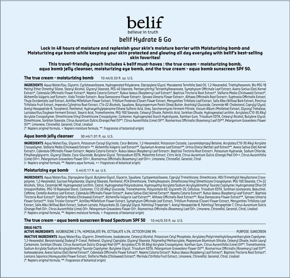 belif Hydrate & Go Kit – 4-Step Korean Skincare Gift Set with Toner, Moisturizing Bomb, Jelly Cleanser, Eye Bomb, SPF 45 Sunscreen, TSA-Friendly, Gift Set for her, Mini Travel Essentials