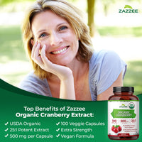 Thumbnail for Zazzee USDA Organic Cranberry 25:1 Extract, 500 mg per Capsule, 100 Vegan Capsules, 3+ Month Supply, Certified Kosher, Standardized, Concentrated 25X Extract, 100% Vegetarian, Non-GMO, Made in the USA