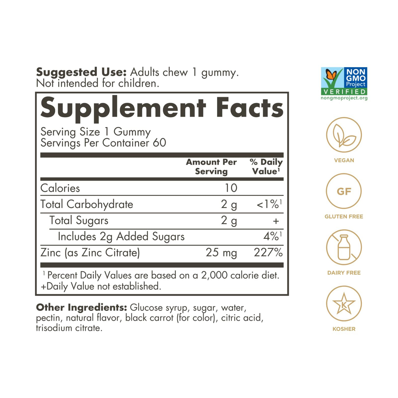 Solgar Zinc Gummies Adult Vitamin with 25mg Ultra Potency Zinc Citrate for Immune Support - Mixed Fruit Flavor, Vegan, Kosher & Gluten Free Gummy Supplements for Women & Men, 2g Sugar, 60 Servings