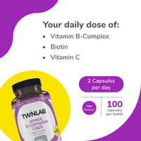 Thumbnail for Twinlab Stress B-Complex Caps - Complete B-Complex & 1000 mg Vitamin C - Energy Support Supplement with Vitamin B12 and B6-100 Capsules (Pack of 2)