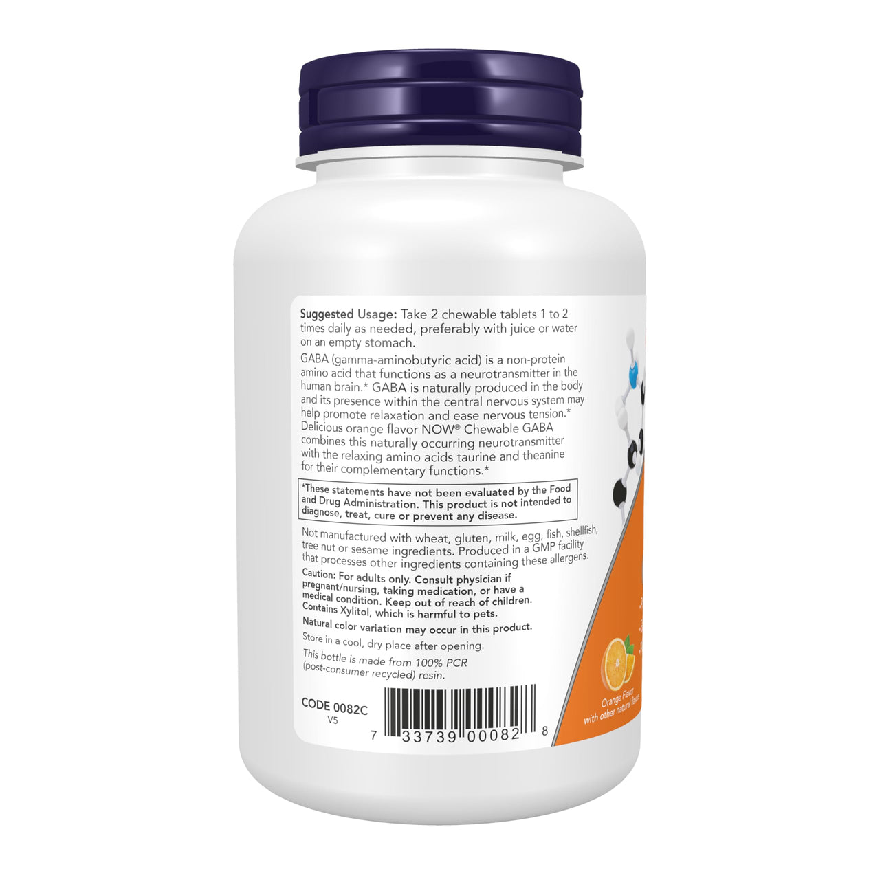 NOW Foods Supplements, GABA (Gamma-Aminobutyric Acid), Neurotransmitter Support*, Orange Flavor, 90 Chewables