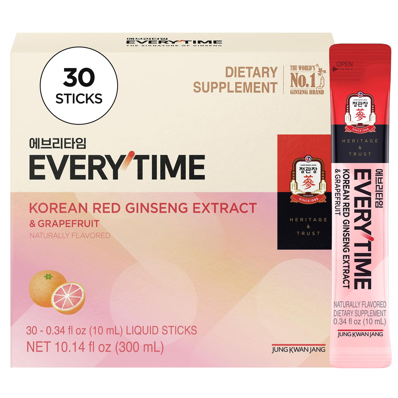JUNG KWAN JANG Everytime Korean Red Ginseng Extract Stick 1,000mg & Grapefruit - Vegan Ginseng Root Energy Drink Liquid Stick Supplements - Builds Stamina & Immunity, No Caffeine (30 Sticks)