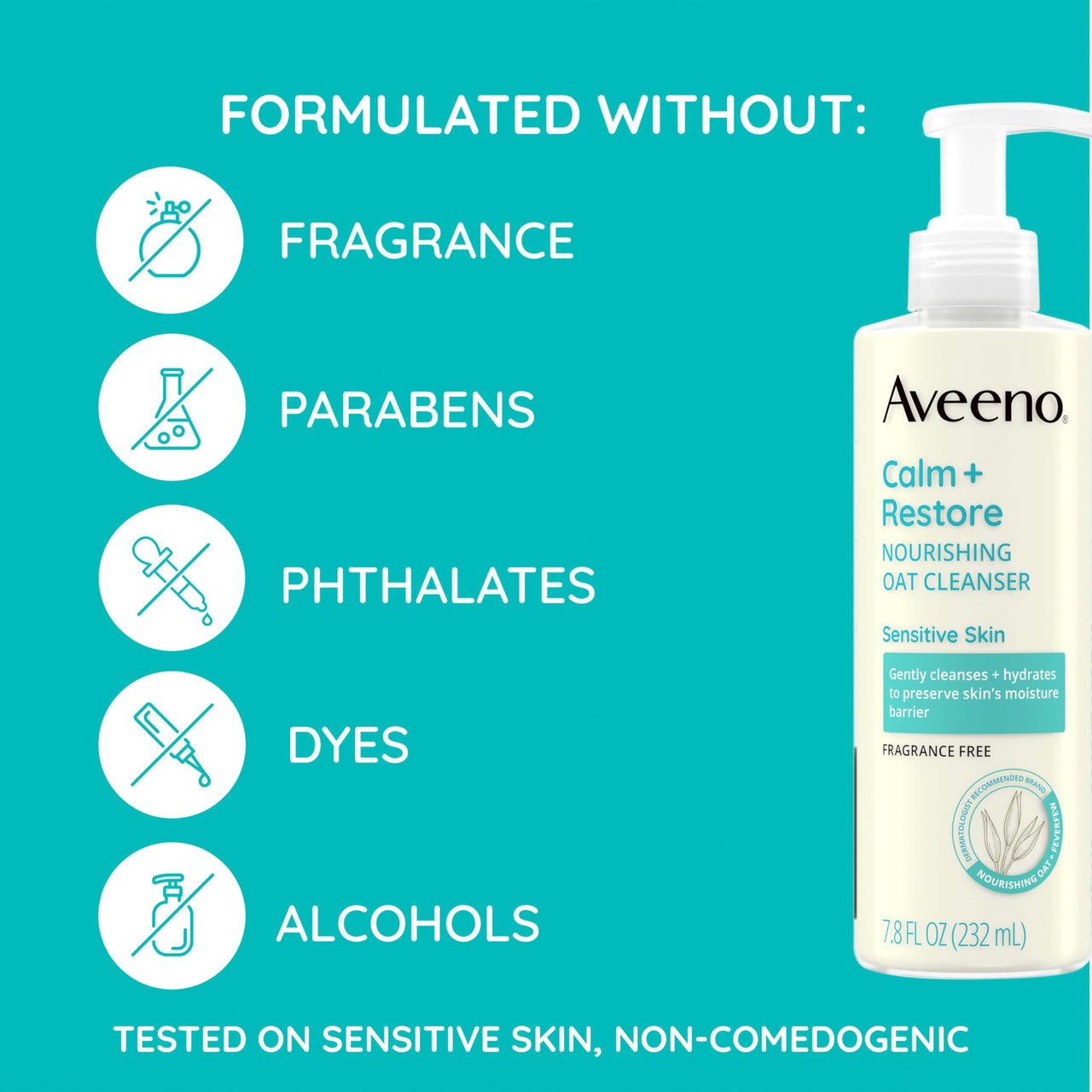 Aveeno Calm + Restore Nourishing Oat Cleanser, Daily Hydrating Facial Cleanser & Face Wash for Sensitive Skin, Non-Foaming, Hypoallergenic, Non-Comedogenic, Fragrance-Free, 7.8 Fl Oz