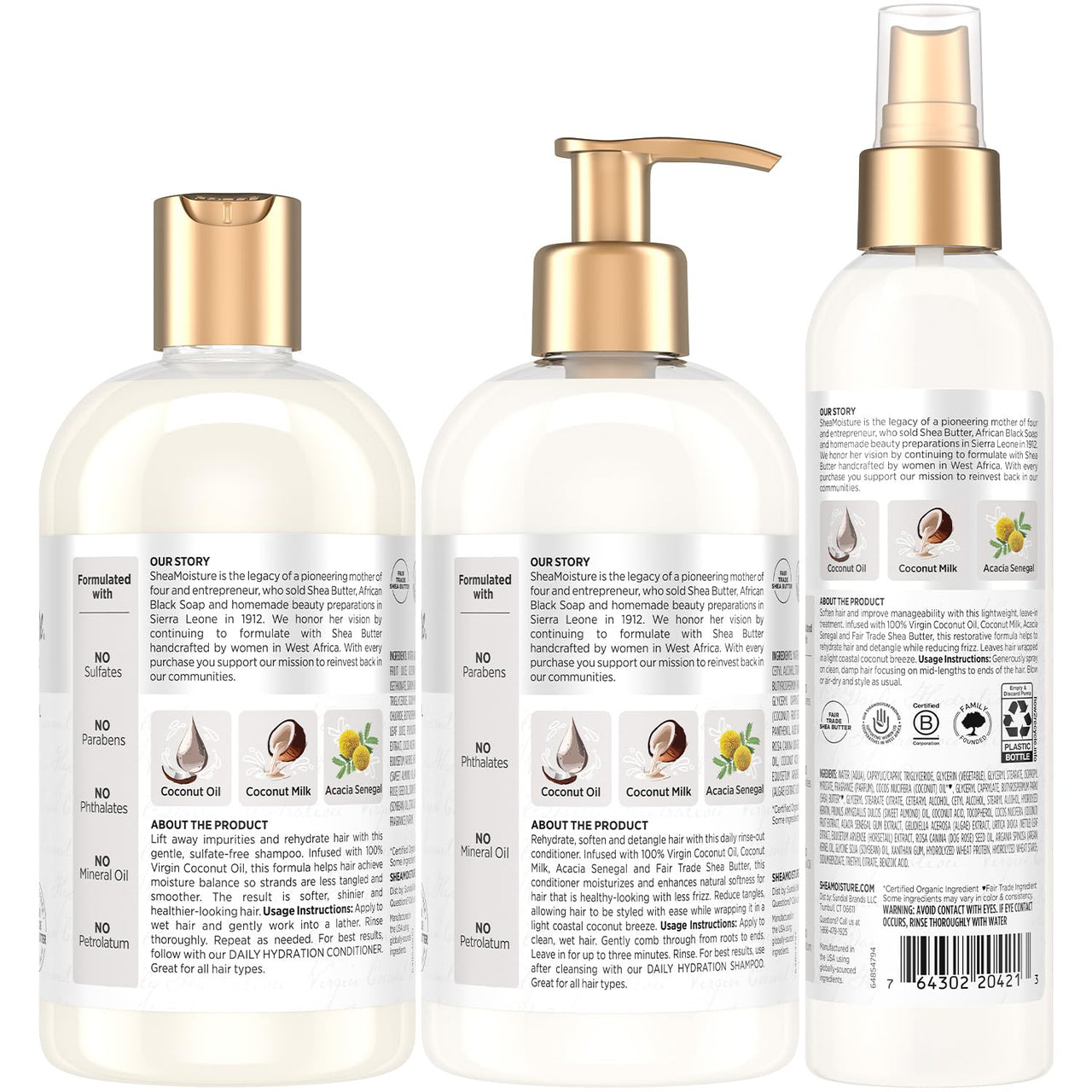 SheaMoisture Shampoo & Conditioner + Leave-in Treatment, Daily Hydration with Coconut Oil, Hair Detangler, Frizz Control, Cruelty-Free (3 Piece Set)