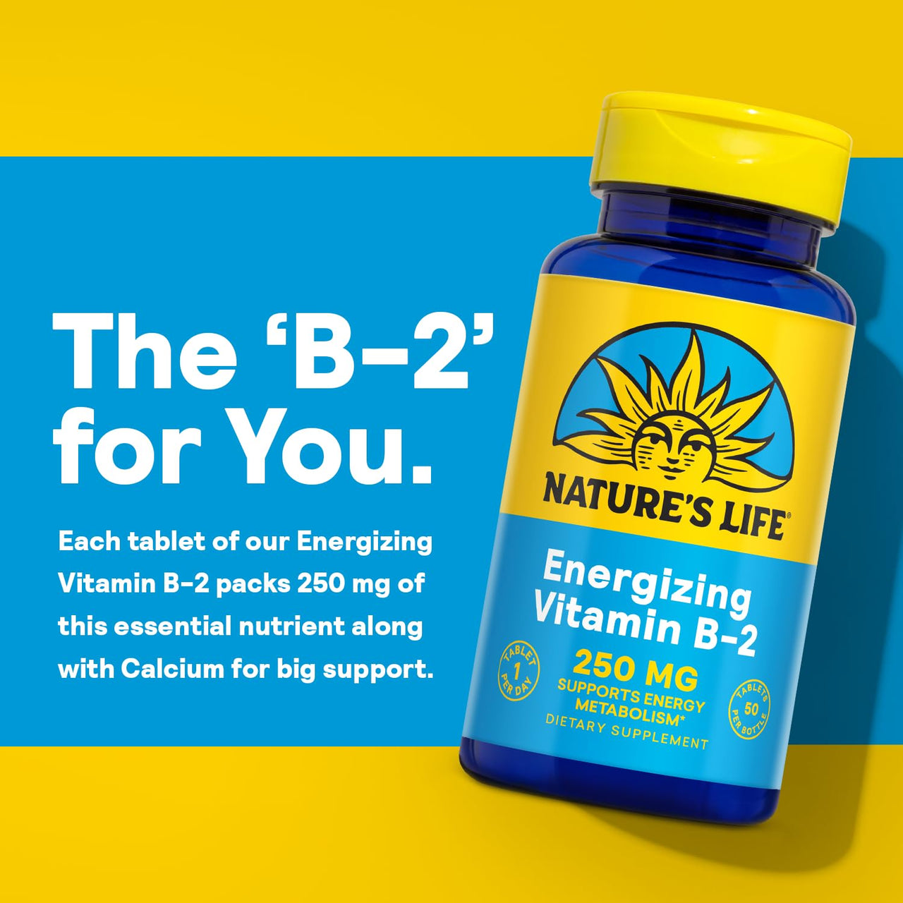 Nature's Life Vitamin B-2 250 mg - Vitamin B2 Energy Pills for Metabolism Support - High-Potency Riboflavin Plus Calcium Supplement - One Per Day - 50 Servings, 50 Tablets