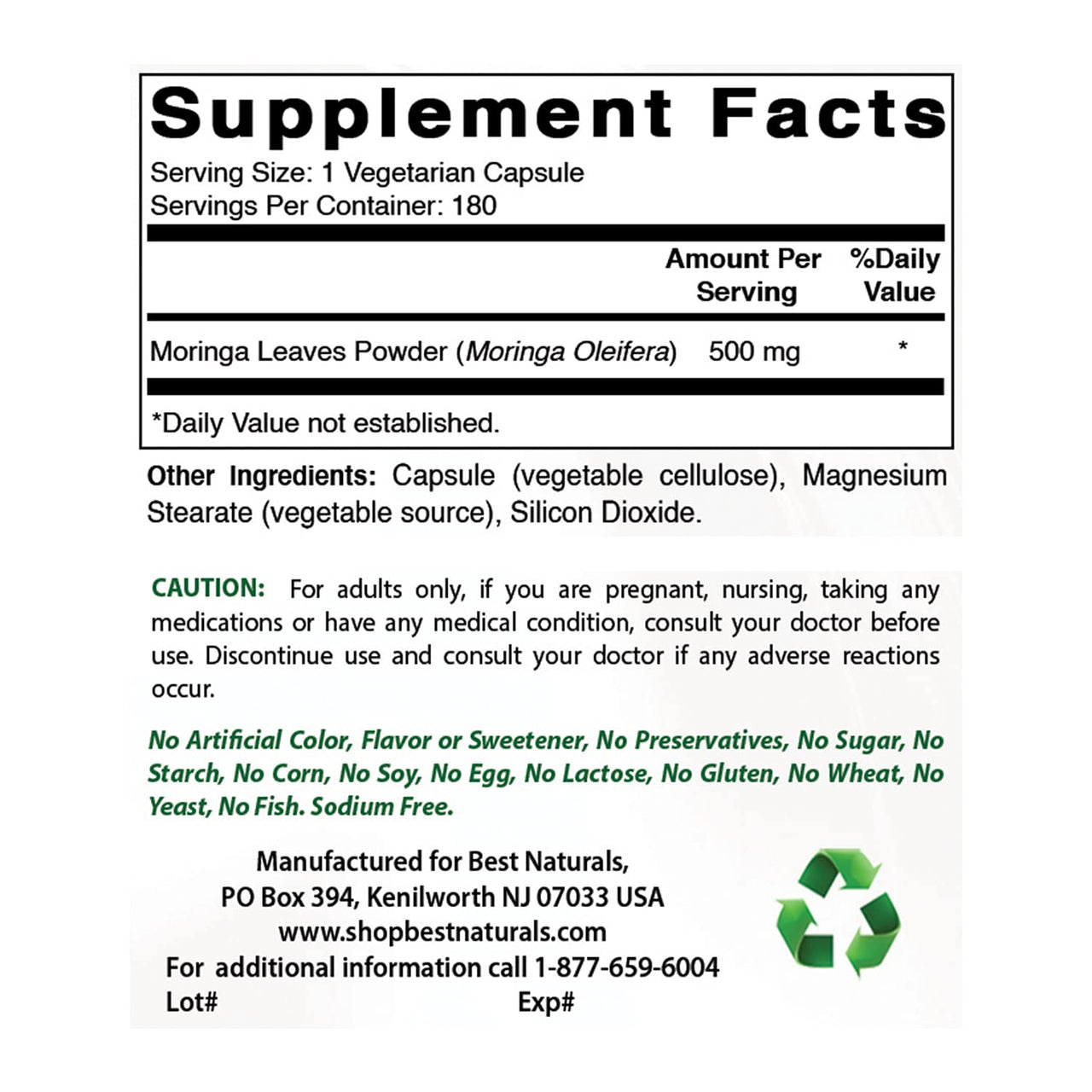 Best Naturals Moringa 500 mg 180 Vegetarian Capsules