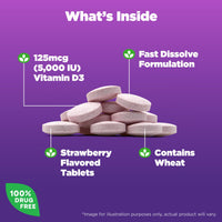 Thumbnail for Natrol Fast Dissolve Vitamin D3 5,000 IU, Dietary Supplement for Bone and Joint Health, Bone Support Supplement, 90 Tablets, 90 Day Supply