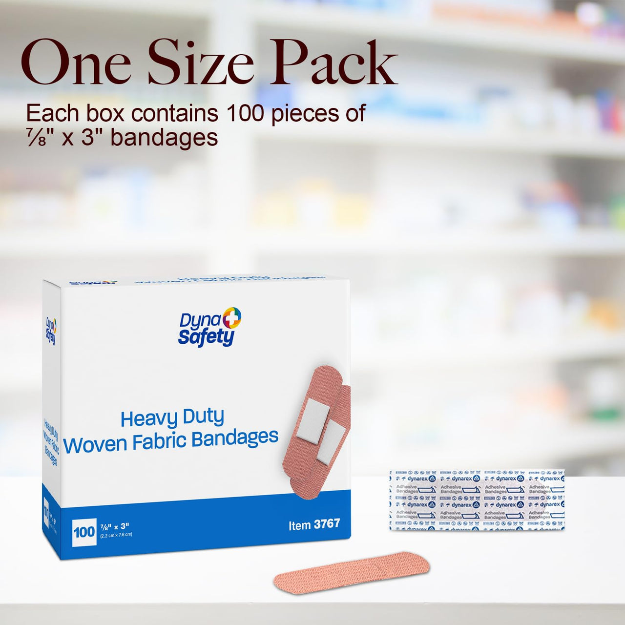 Dynarex Sterile Adhesive Heavy Duty Woven Fabric Bandages - 7/8" x 3" Flexible Wound Dressing for Minor Cuts, Secure Fit with Non-Stick Pad, Box of 100