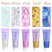Thumbnail for Face Body Glitter, Hair Glitter Sparkles Chunky Face Glitter Gel for Girls Makeup Singer Concerts Mermaid Festival Sequins Face Paint (White+Silver+Pink+Gold+Blue)