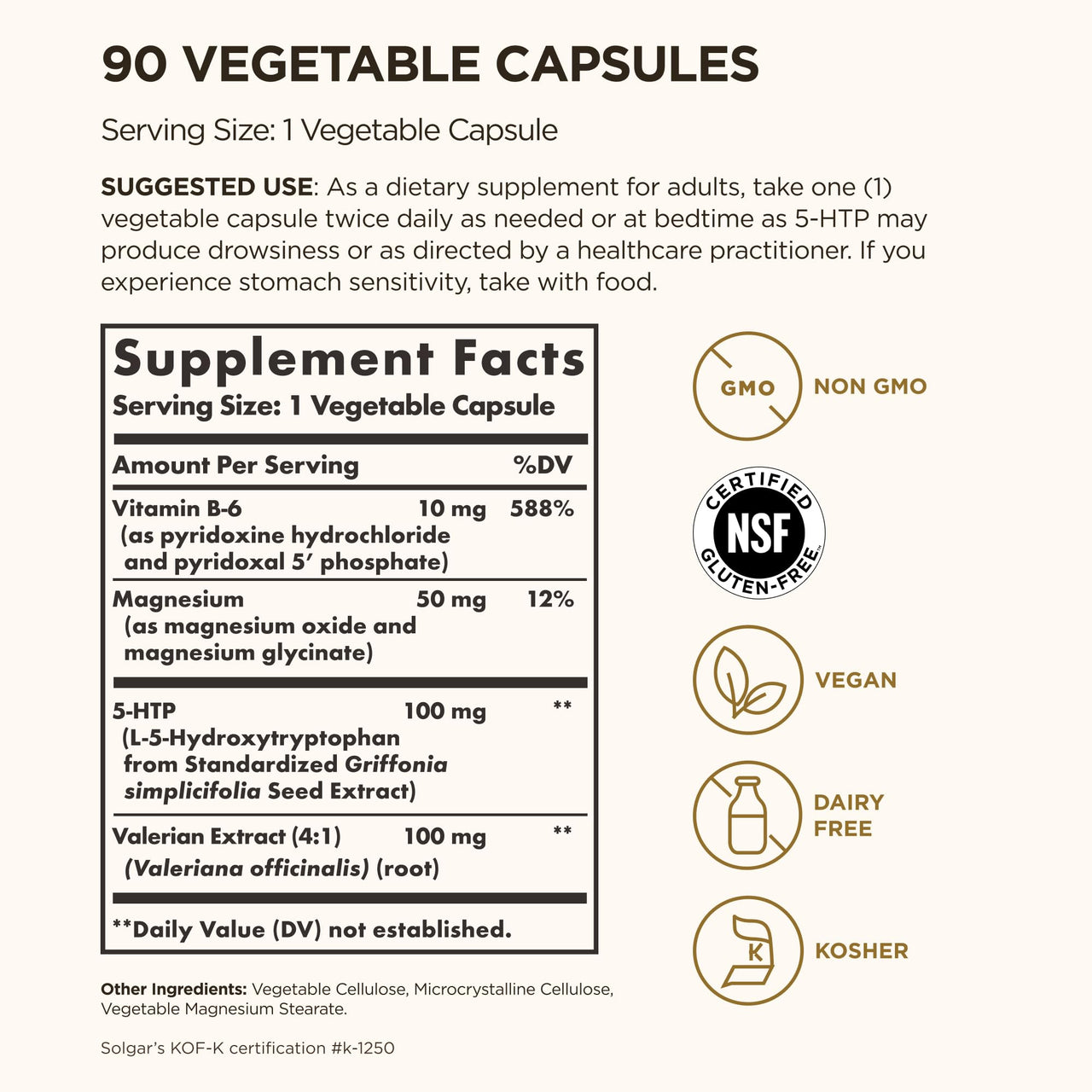 Solgar 5-HTP 100 mg, 90 Vegetable Capsules - Promotes Relaxation - Positive Mood & Stress Support - Non-GMO, Vegan, Gluten Free, Dairy Free, Kosher - 90 Servings