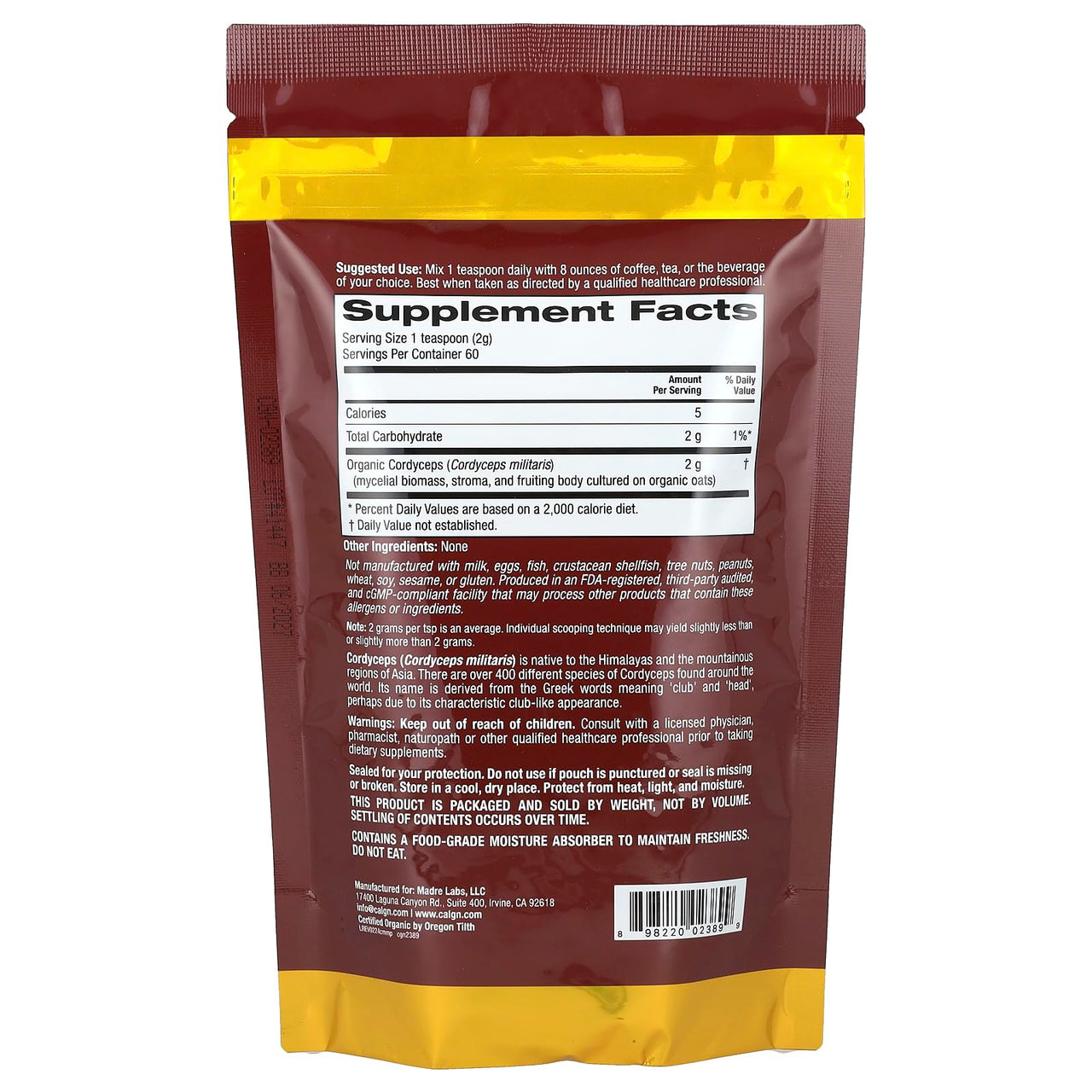 California Gold Nutrition Fungiology®, Certified Organic Cordyceps Militaris Powder, 4.2 oz (120 g)