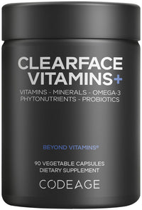 Thumbnail for Codeage Clearface Pantothenic Acid, Niacin Supplement, Vitamins A, C, D3, E, Probiotics, Zinc, Riboflavin, Thiamin, L-Lysine HCL & Omega-3, Niacinamide, Skin Botanical Blend - Non-GMO - 90 Capsules