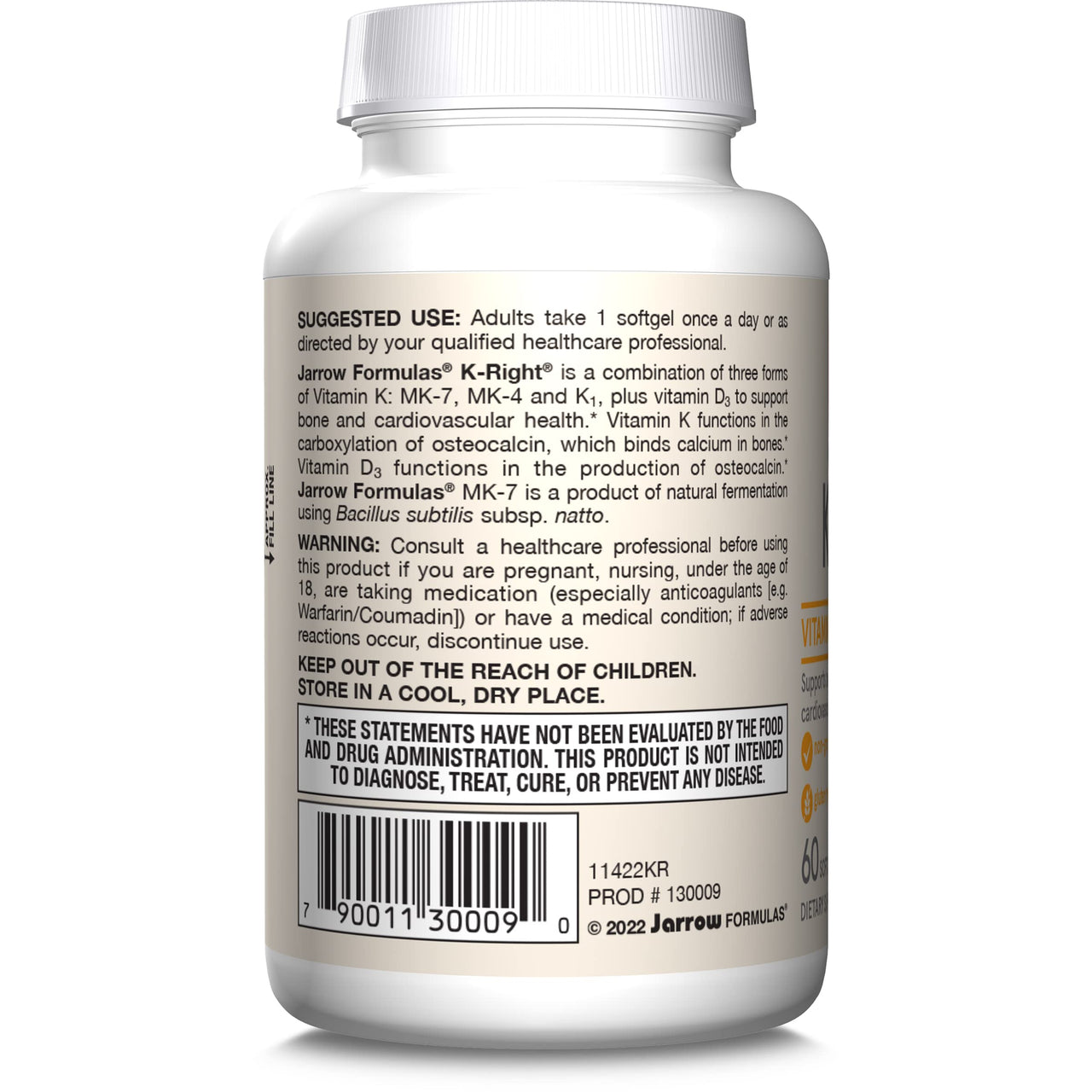 Jarrow Formulas K-Right - Vitamin K-Complex (K1, MK-4, MK-7, D3) - 60 Servings (Softgels) - Dietary Supplement for Bone & Cardiovascular Health Support - Vitamin K2 MK-7 - Gluten Free