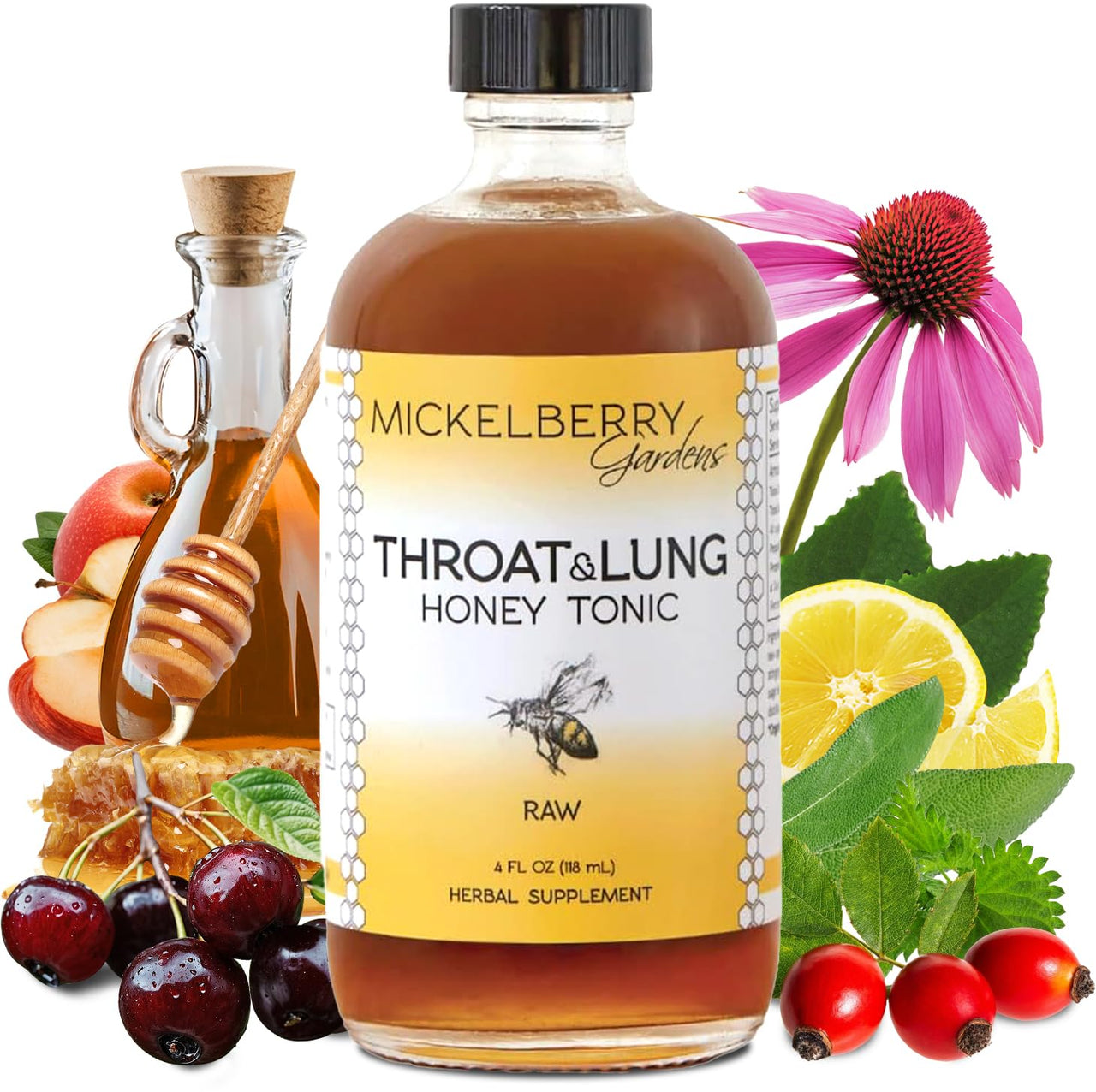 Mickelberry Gardens Throat & Lung Honey Tonic: Wellness Syrup, Natural Sore Throat Relief, Immune Support & Cough Suppressant for Adults & Kids (4 oz)