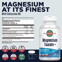 Thumbnail for KAL Magnesium Taurate 400mg Plus CoEnzyme Vitamin B6, Chelated Magnesium Supplement, Muscle Function, Gluten Free, Vegan, 90 Serv, 180 Tablets
