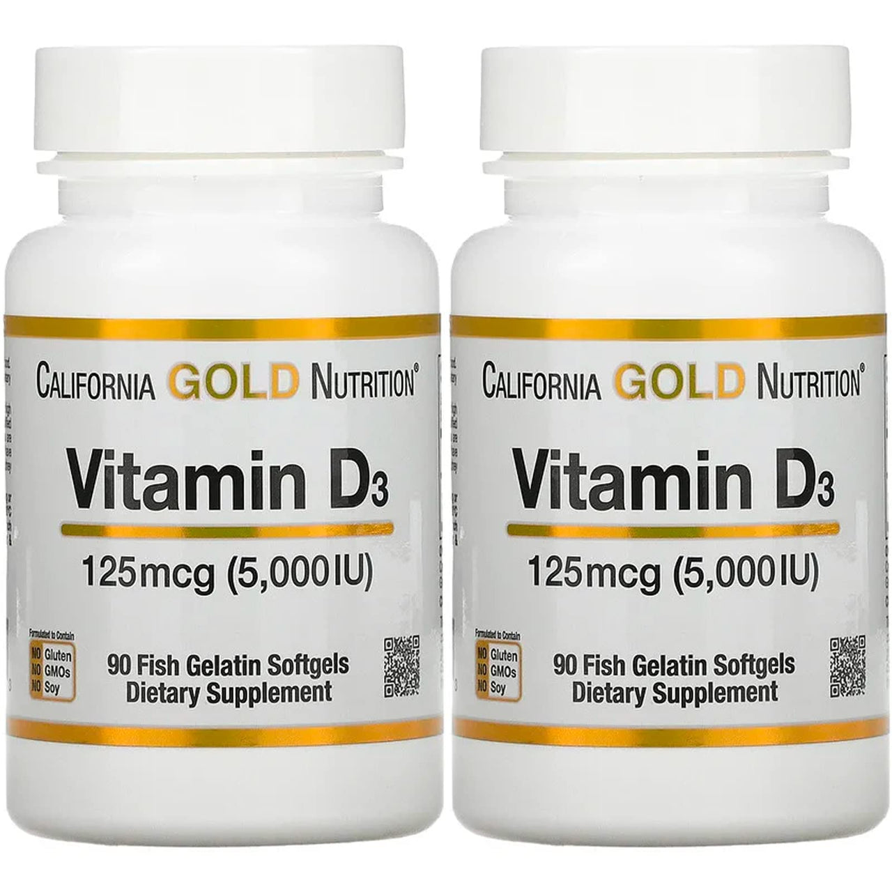 Vitamin D3 Supplement by California Gold Nutrition - Support for Healthy Bones & Teeth - Immune System Support - Gluten Free, Non-GMO - 125 mcg (5,000 IU) - 2 Pack of 90 Fish Gelatin Softgels Each