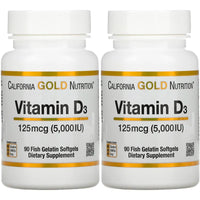 Thumbnail for Vitamin D3 Supplement by California Gold Nutrition - Support for Healthy Bones & Teeth - Immune System Support - Gluten Free, Non-GMO - 125 mcg (5,000 IU) - 2 Pack of 90 Fish Gelatin Softgels Each