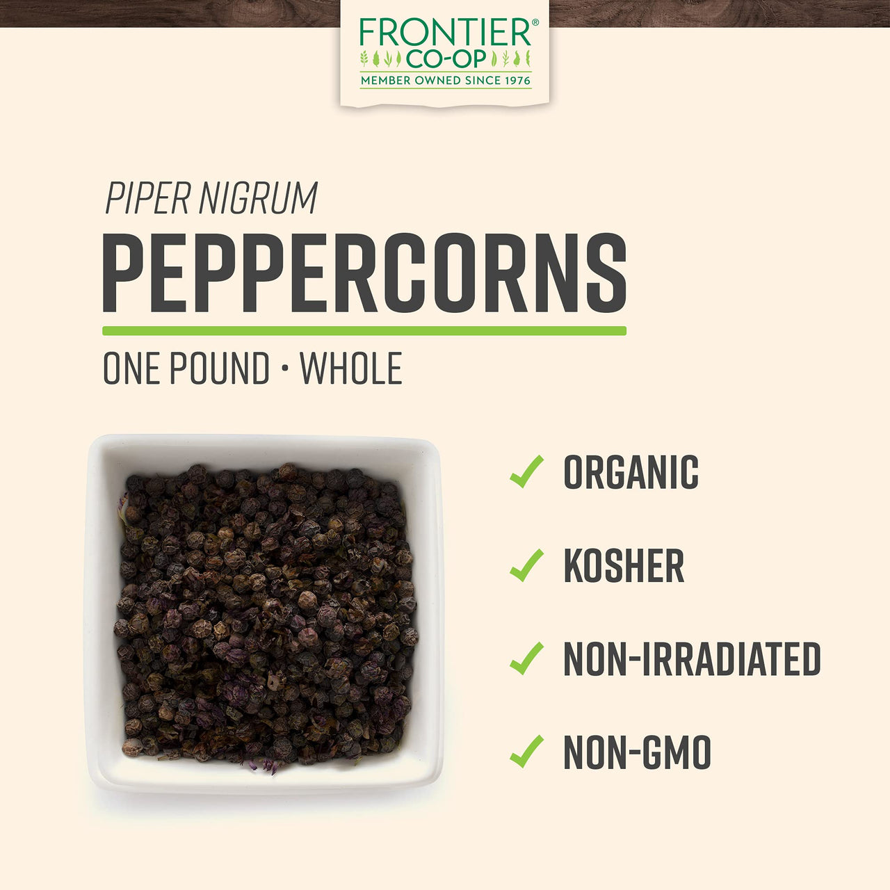 Frontier Co-op Black Peppercorns Whole, 1lb Bulk Bag - Tellicherry Black Pepper - Organic Peppercorns for Grinder Refill, Cooking, Pickling, and More | 16 Ounce (Pack of 1)