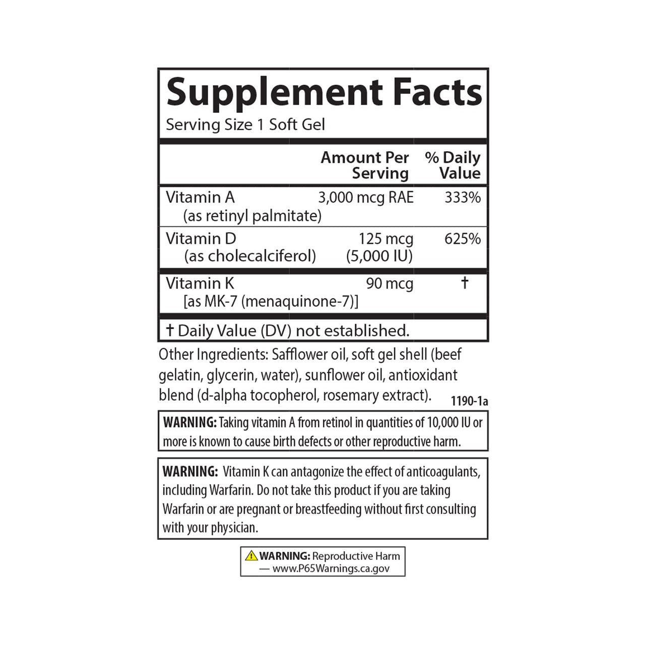 Carlson - Vitamins A, D3, K2, 3000 mcg RAE Vitamin A, 125 mcg Vitamin D3, 90 mcg Vitamin K2 as MK-7, Bone Building, Calcium Utilization, 60 Soft Gels