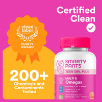 Thumbnail for SmartyPants Teen Girl Multivitamin Gummies, Omega 3 (DHA/EPA), Vitamin C, D3, B12, Vitamin A, K & Zinc, Biotin to Support Hair, Skin & Nails, Gluten Free, 60 Count (30 Day Supply)