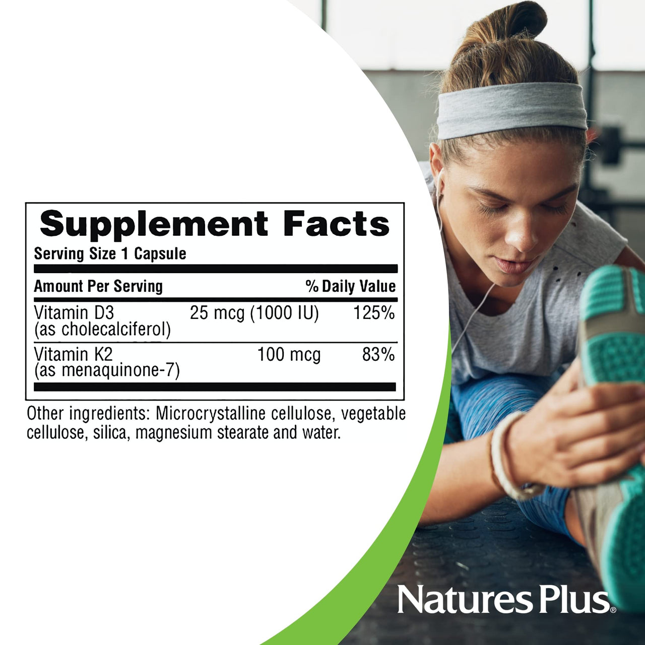 NaturesPlus Vitamins D3 (1000 IU) & K2 (100 mcg) - Vegetarian, Gluten Free - 90 Capsules, 90 Servings