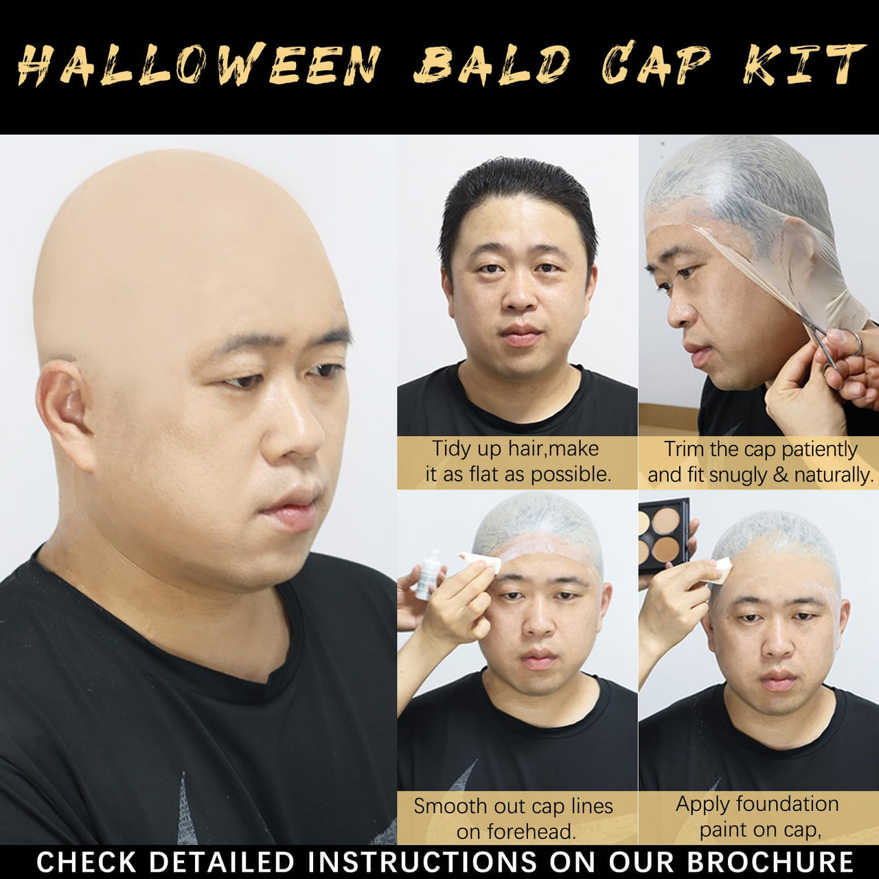 Actabostte Halloween Bald Caps Costume Kit for Woman & Men - Realistic Latex Bald Cap with Adhesive Glue & Remover - Complete Makeup Set for Halloween, Zombie, Cosplay, Costume, SFX, Dress-Up Party