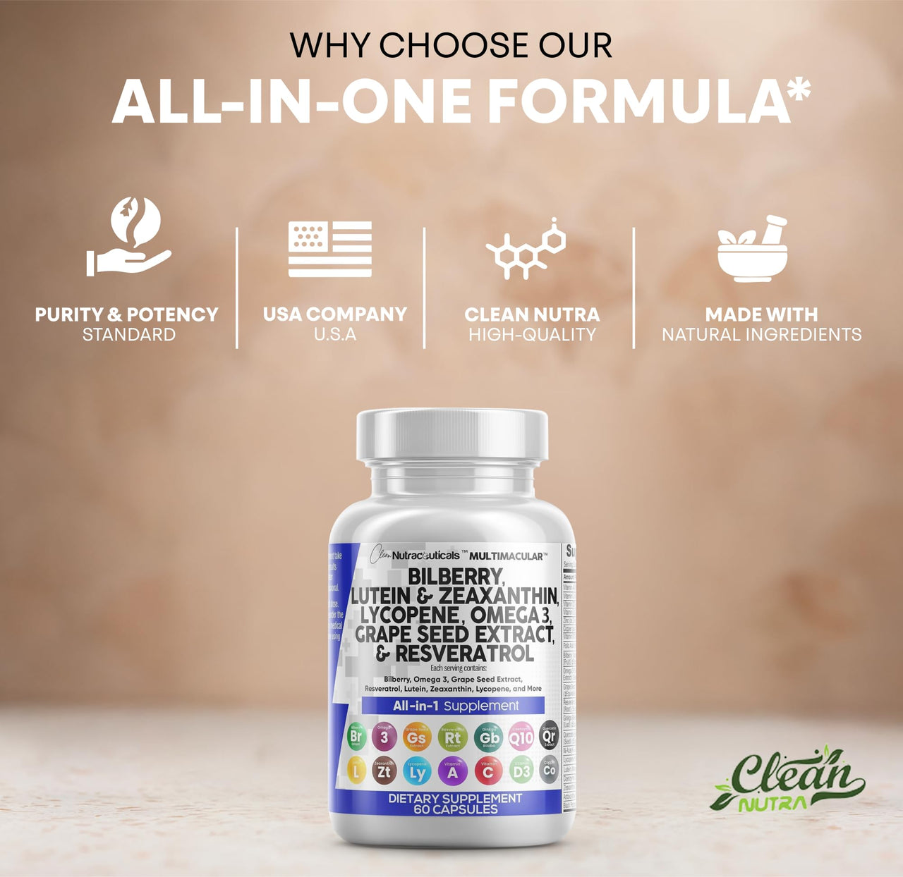 Clean Nutra Eye Vitamins with Bilberry Lutein and Zeaxanthin Supplements Lycopene 40mg Resveratrol Grape Seed Astaxanthin for Eyes - Eye Care Health Support Eye Vitamin and Mineral Supplement