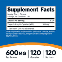 Thumbnail for Nutricost N-Acetyl L-Cysteine (NAC) 600mg, 120 Vegetarian Capsules - Non-GMO, Gluten Free, Vegetarian Caps