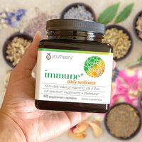 Thumbnail for Youtheory Immune+ Daily Wellness - Vegetarian Immune Support Supplement with Vitamin C, Vitamin D3 & Zinc* - Mushroom Supplement with Turkey Tail, Cordyceps & Reishi - 60 Vegetarian Caps