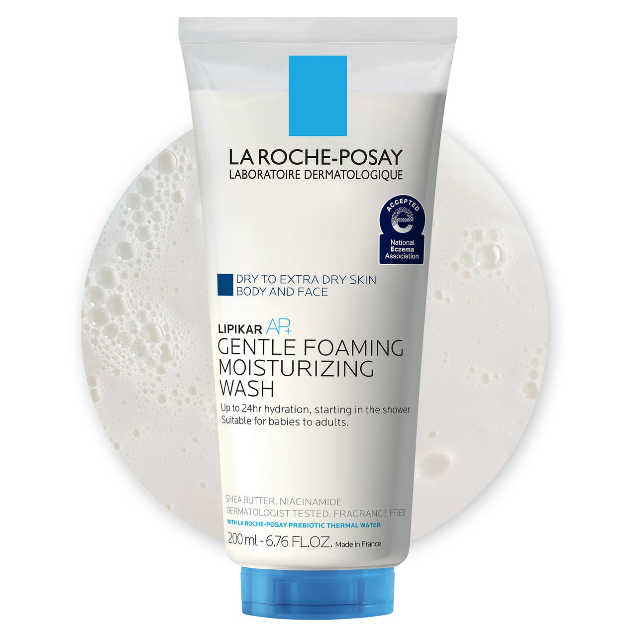 La Roche-Posay Lipikar AP+ Gentle Foaming Moisturizing Wash, Shea Butter + Niacinamide + Glycerin, Moisturizing Body Wash & Face Wash For Dry Skin, National Eczema Association Accepted, Soap Free