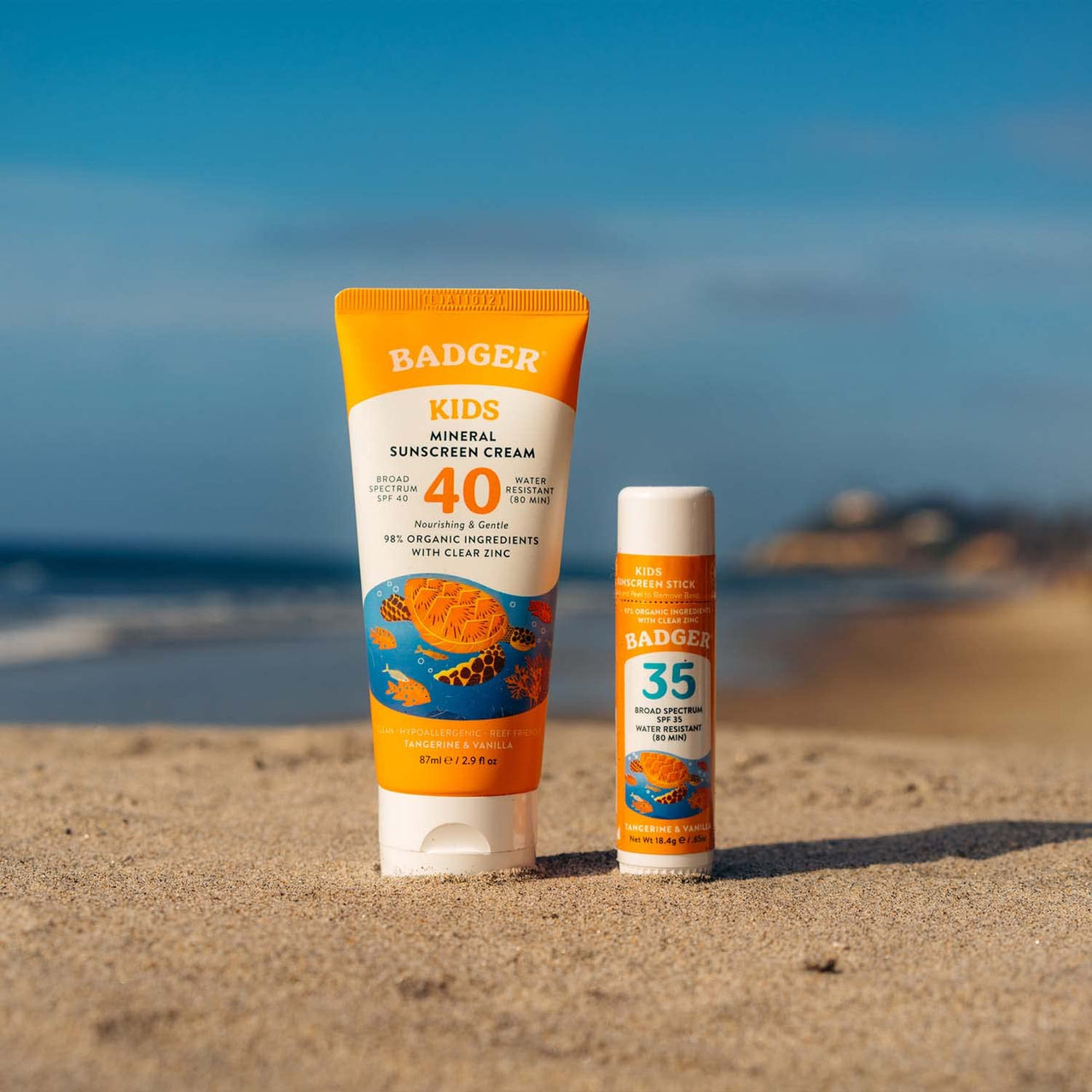 Badger Kids Mineral Sunscreen Combo, SPF 40 Cream + SPF 35 Kids Face Stick, Organic Sunscreens w/Mineral Zinc Oxide, Water Resistant, Reef Safe Broad Spectrum, Tangerine & Vanilla Scent, 2-Pack