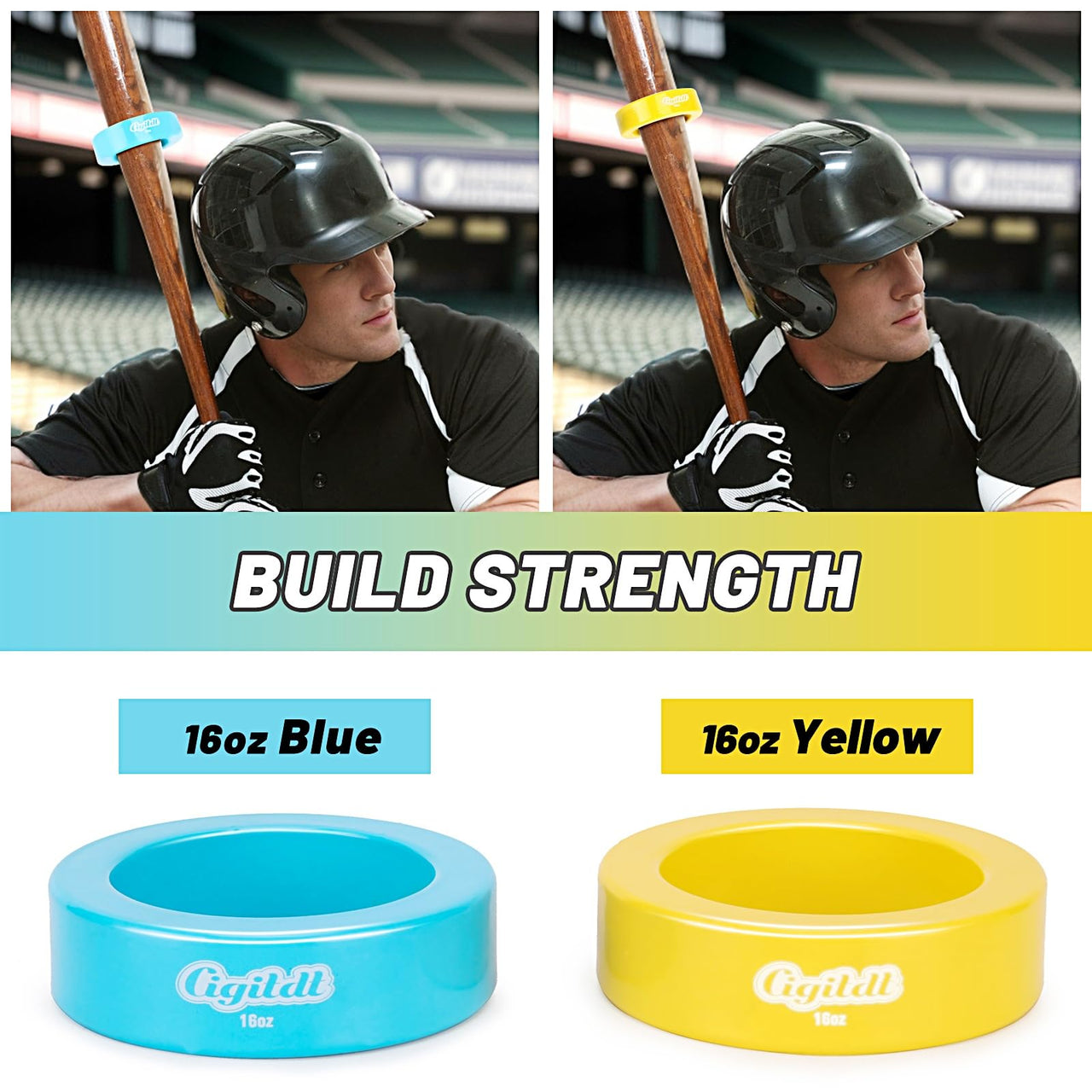 CIGITDT 2 Pack Baseball and Softball Bat Weights - 16 oz Baseball Donuts for Adult + Youth Baseball Accessories- Fits All Standard Bats-Yellow & Blue