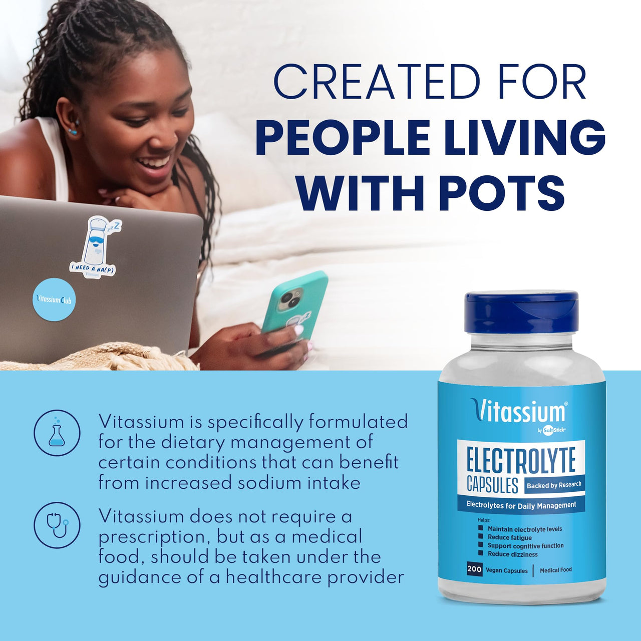 Vitassium Electrolyte Capsules, Electrolytes for The Management of POTS and High Sodium Diets (500mg Sodium - 100mg Potassium), Unflavored, 100 Salt Pills (Size 0)