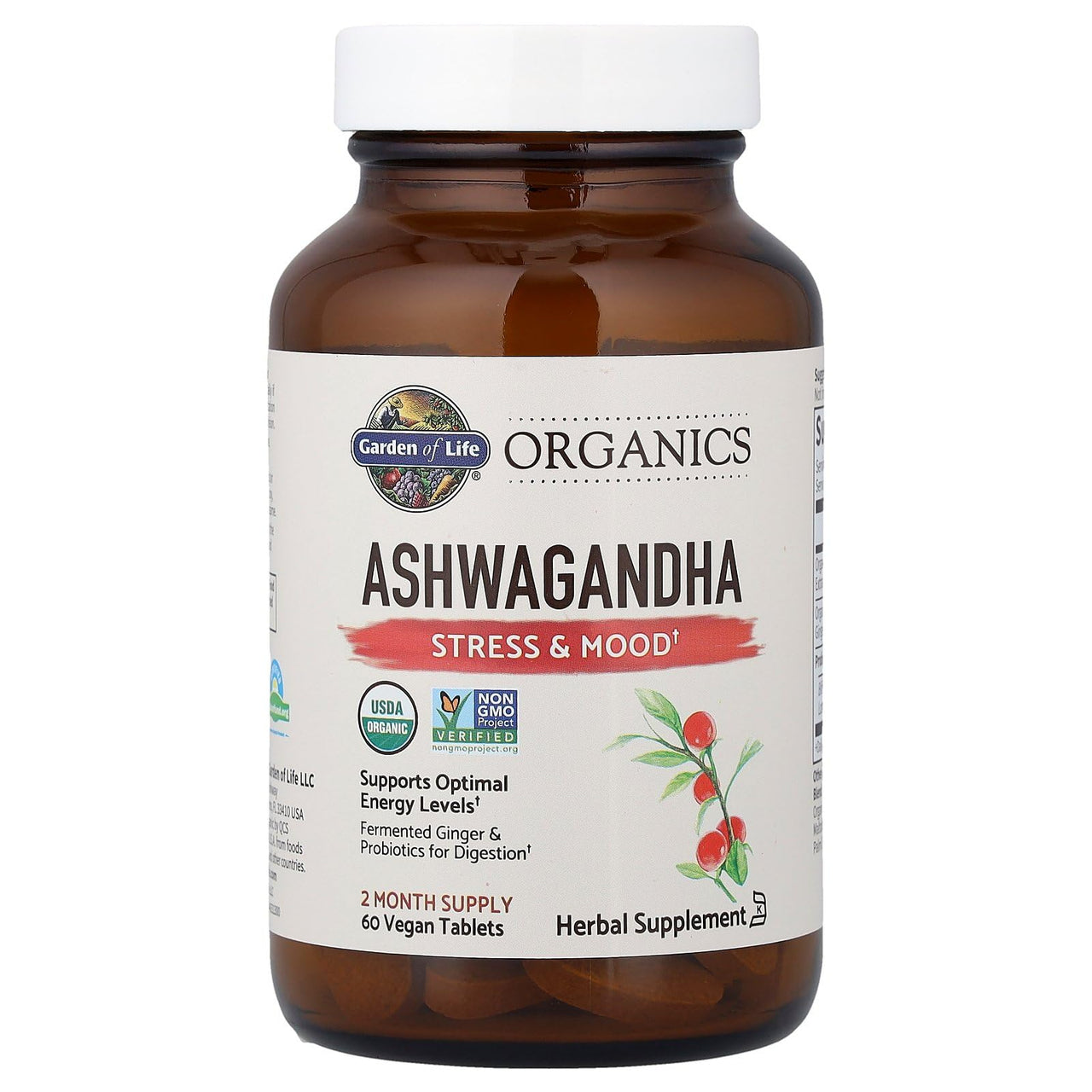 Garden of Life Organic Ashwagandha Supplement with Probiotics & Ginger - Stress, Mood & Energy Support, Vegan, Gluten Free, Non GMO, 2 Month Supply, 60 Tablets