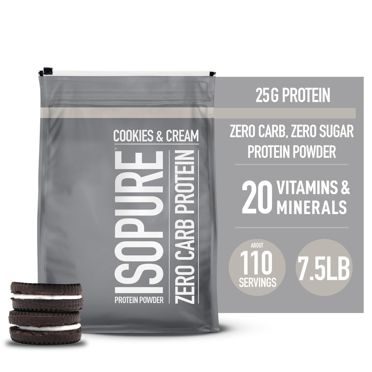 Isopure Zero Carb 100% Pure Whey Isolate Protein Powder, Gluten Free, with Vitamins, Cookies & Cream, 25g Protein Per Serving, 7.5 Lbs, 110 Servings (Packaging May Vary)