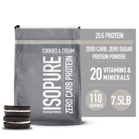 Thumbnail for Isopure Zero Carb 100% Pure Whey Isolate Protein Powder, Gluten Free, with Vitamins, Cookies & Cream, 25g Protein Per Serving, 7.5 Lbs, 110 Servings (Packaging May Vary)