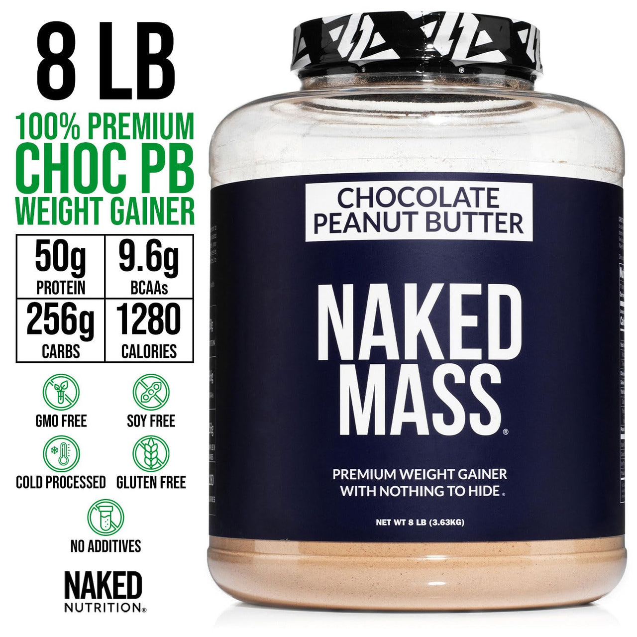 NAKED Chocolate Peanut Butter Mass Protein 8LB (1,280 Calories, 50g Protein) Pure Creatine 500g (100 Servings) – Bulk; Non-GMO; Gluten Free; Soy Free