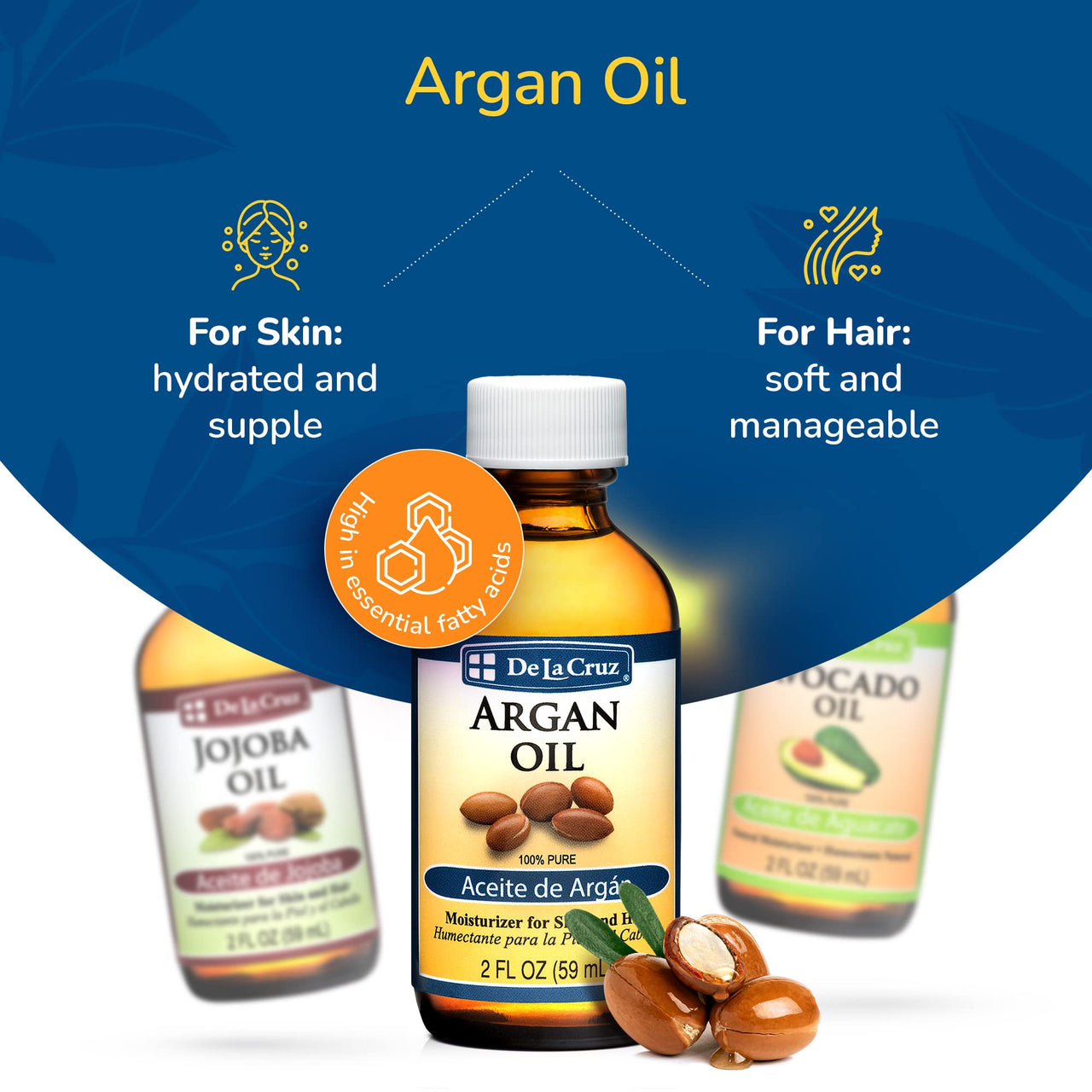 De La Cruz - Avocado Oil, Argan Oil and Jojoba Oil Bundle - 100% Pure and Natural Oils for Hair and Skin - 3 Bottles - 2 Fl OZ Each