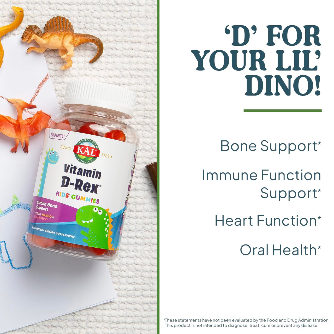 KAL Vitamin D-Rex - Vitamin D Gummies for Kids - Kids Vitamin D3 - Peach, Mango, and Strawberry Flavors - Immune, Heart, Bone & Oral Support - Vegetarian, Gluten Free - 60 Servings, 60 Gummies