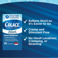Thumbnail for Colace Stool Softener 100 mg, 30 Capsules, Constipation Relief, Docusate Sodium, Gentle Docusate, Stimulant-Free, Regular Strength, #1 Doctor Recommended Stool Softener Brand