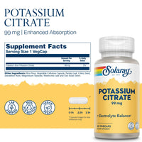Thumbnail for Solaray Potassium Citrate, Healthy Electrolyte Balance, Nerve & Muscle Function Support, Vegan, 60 VegCaps
