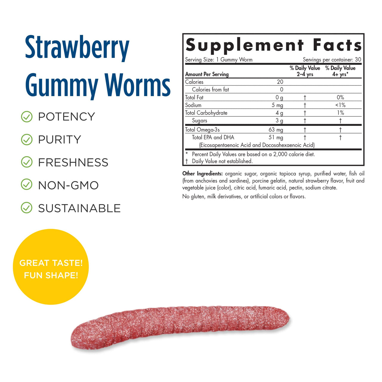 Nordic Naturals Nordic Omega-3 Gummy Worms, Strawberry - 30 Gummy Worms - 63 mg Total Omega-3s with EPA & DHA - - 30 Servings