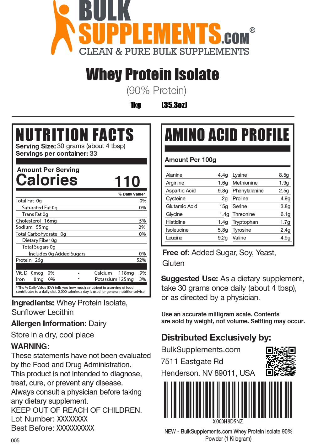 BulkSupplements.com Whey Protein Isolate Powder - Whey Protein Powder, Unsweeteneed, Unflavored & Gluten Free - 30g per Serving, 1kg (2.2 lbs) (Pack of 1)