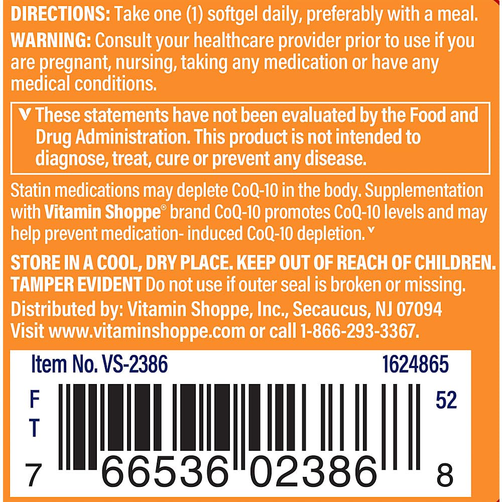 The Vitamin Shoppe CoQ-10 100mg - Heart & Cellular Energy | Ubiquinone Coenzyme Q10 | 30 Softgels | Statin Support
