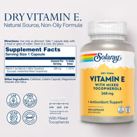 Thumbnail for SOLARAY Vitamin E 400 IU (268mg), Dry Form - Natural Source, Mixed Tocopherols Vitamin E - Antioxidant Supplement, PMS and Menopause Support - 60-Day Guarantee, Lab Verified - 100 Serv, 100 Capsules